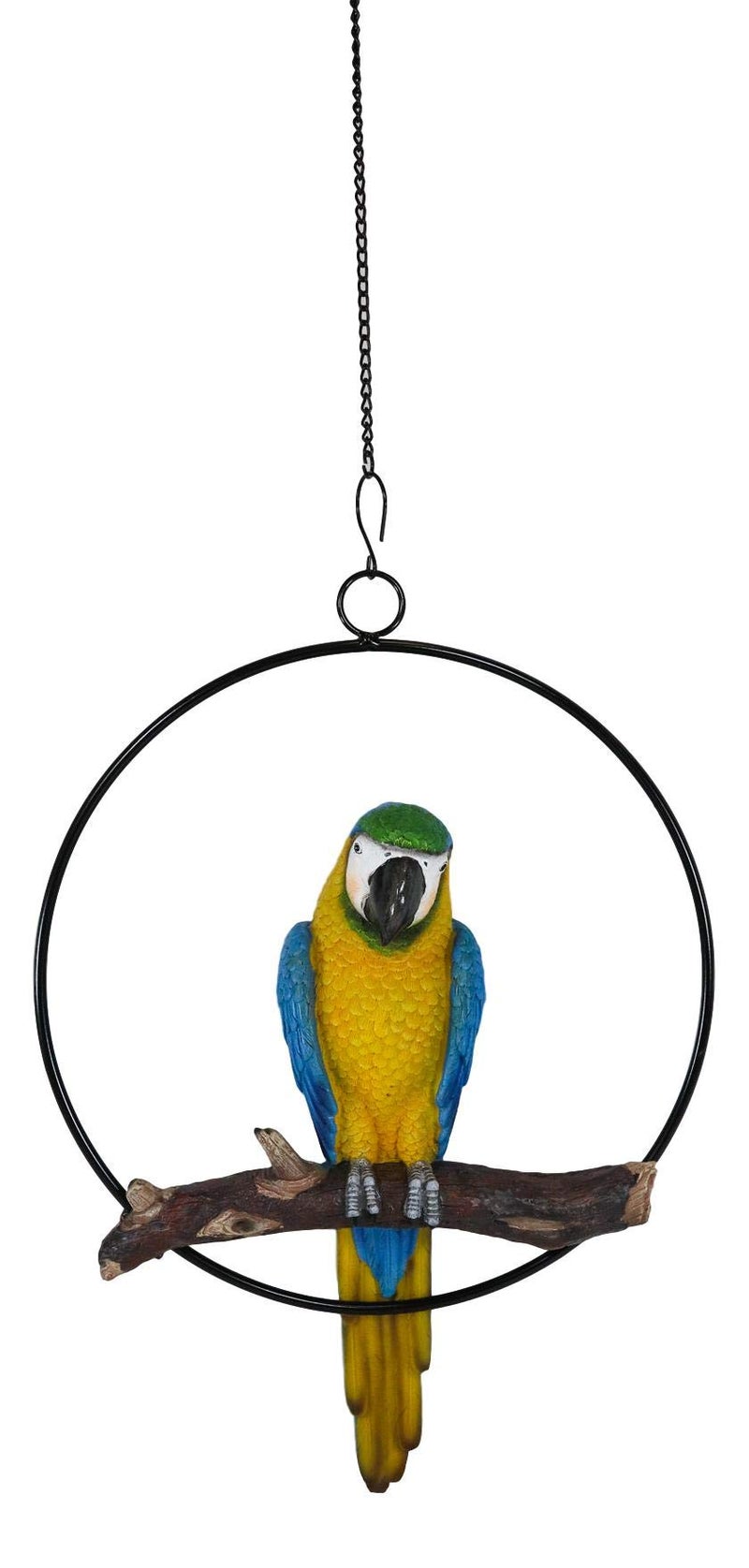 Ebros Gift Ebros Patio Home Garden Hanging Scarlet Macaw Parrot Perching on Branch in Metal Round Ring Figurine Sculpture Nature Lovers Tropical Bird Collectors Decor 135 H Blue
