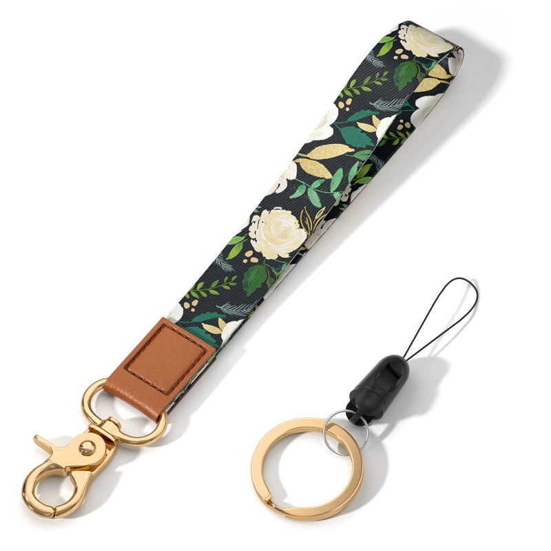 Hsxnam Wrist Lanyard Key Chain, Cute Wristlet Strap Keychain Holder for Women Men Car Keys ID Badges Card Wallet Phone Camera, White Floral - Image 1