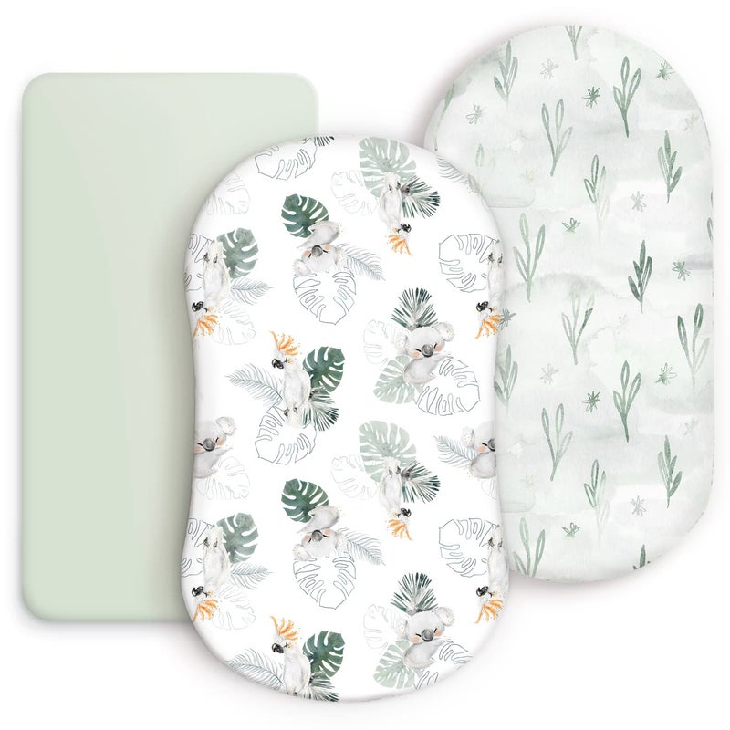 GRSSDER Stretch Ultra Soft Fitted Bassinet Sheets 3 Pack Universal Fit for Bassinets Baby Cradle Moses Basket Oval Rectangle Mattress Safe and Snug Stylish Watercolor Animals for Baby Mint Green