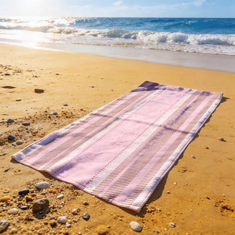 Pink And Beige Striped Beach Towel 70cm X 140cm Soft Lightweight Portable Machine Washable For Pool Fitness Camping - Image 1