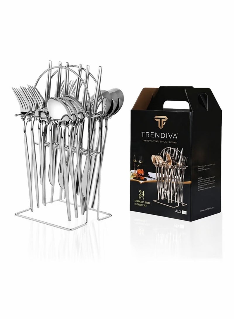 Trendiva 24 Pcs Forks and Spoons Silverware Set,Food Grade Stainless Steel Flatware Cutlery Set for Home,Kitchen and Restaurant,Mirror Polished,Dishwasher Safe-12 Dinner Fork(8 inch) and 12 Teaspoon(6.5 inch) - Image 1