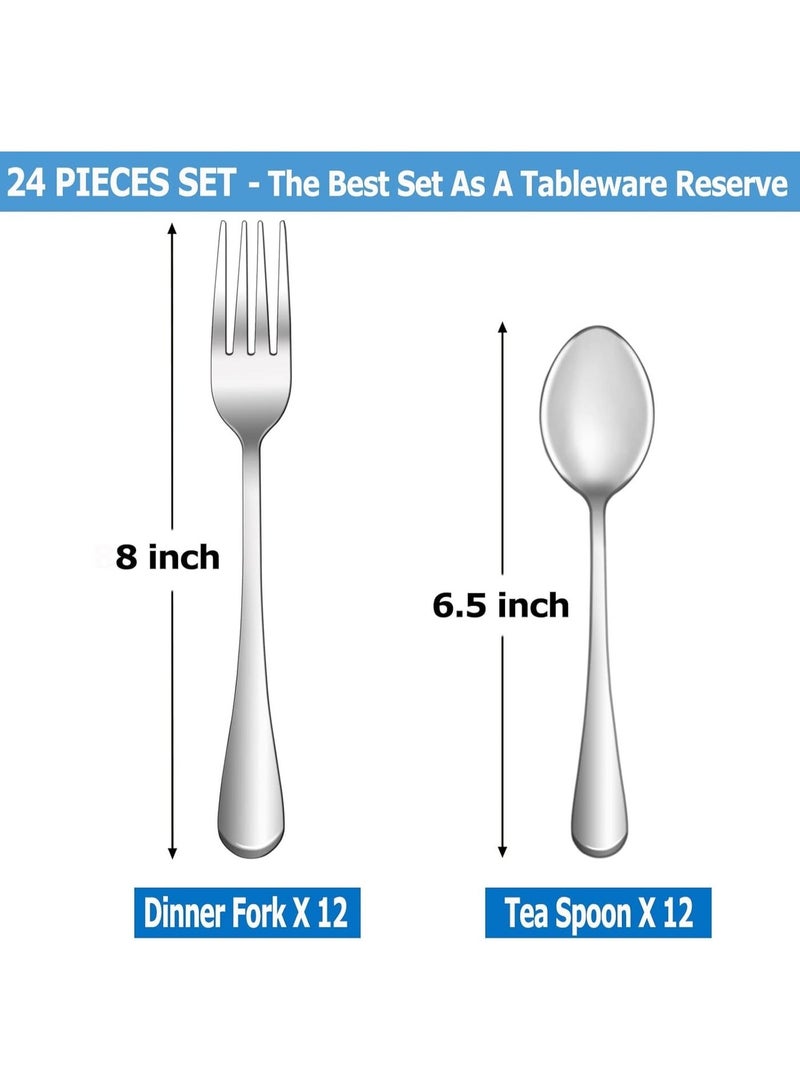 Trendiva 24 Pcs Forks and Spoons Silverware Set,Food Grade Stainless Steel Flatware Cutlery Set for Home,Kitchen and Restaurant,Mirror Polished,Dishwasher Safe-12 Dinner Fork(8 inch) and 12 Teaspoon(6.5 inch) - Image 3