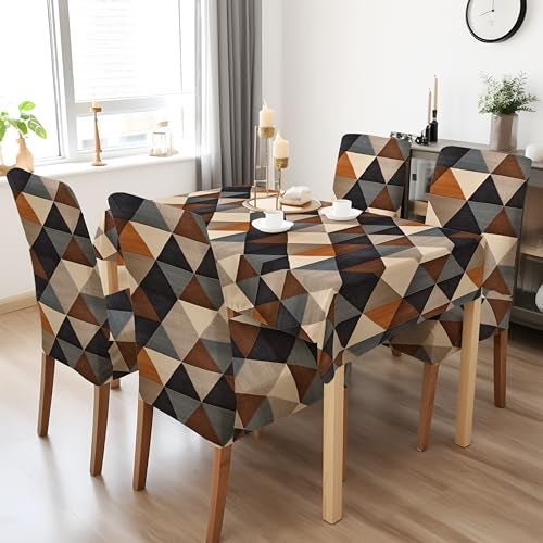 BRIDA® Polyester Spandex Stretchable Floral Geometric Printed Dining Chair Covers Elastic Chair Seat Case Protector, Slipcovers (‎4 Seater Table Cover + 4 Chair Cover, Navy Grey Geometric) - Image 1