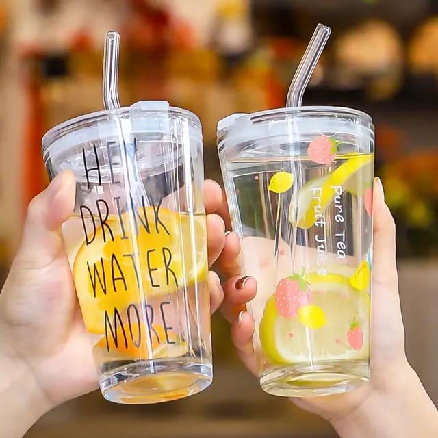 KELVEE Cartoon Pattern Tumbler Glass Multipurpose Drinking Glass Measuring MugCup With Silicone Straw And Glass Lid Random Pattern Pack Of 2 400 Ml Sipper 2 400 Milliliter - Image 1
