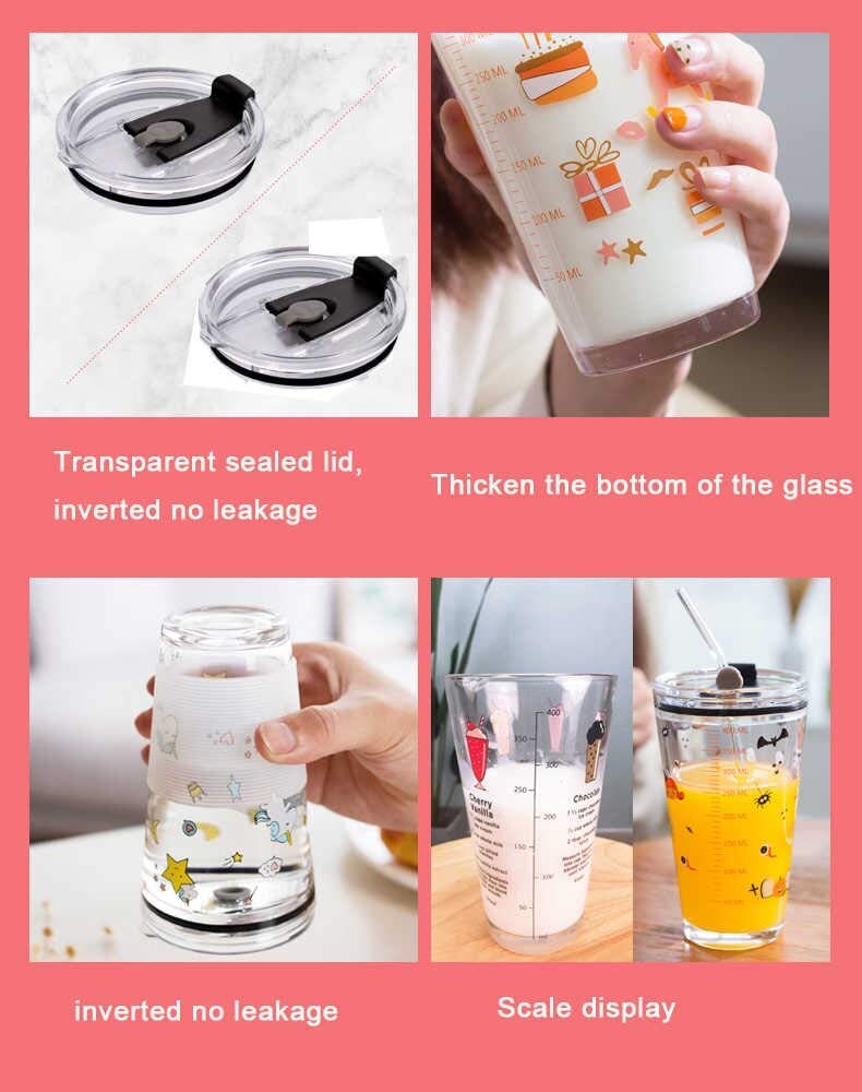 KELVEE Cartoon Pattern Tumbler Glass Multipurpose Drinking Glass Measuring MugCup With Silicone Straw And Glass Lid Random Pattern Pack Of 2 400 Ml Sipper 2 400 Milliliter - Image 5