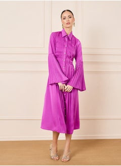Styli Satin Pleated Detail Shirt Midi Dress  - Image 1