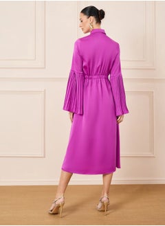 Styli Satin Pleated Detail Shirt Midi Dress  - Image 4