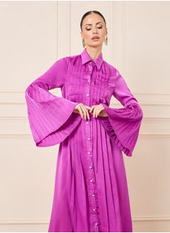 Styli Satin Pleated Detail Shirt Midi Dress  - Image 2