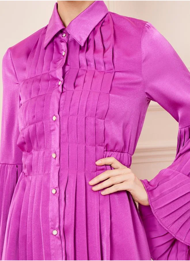 Styli Satin Pleated Detail Shirt Midi Dress