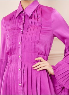Styli Satin Pleated Detail Shirt Midi Dress  - Image 3