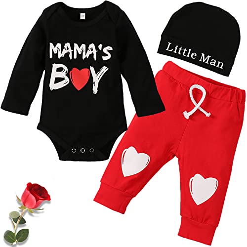 VAIZIQ My First Valentine's Day Outfit for Baby Boy - 3Pcs Set (Bodysuit, Pants & Hat) Baby Boy Valentine's Day Outfit Newborn to 12 Months Cute Heart Print - Image 1