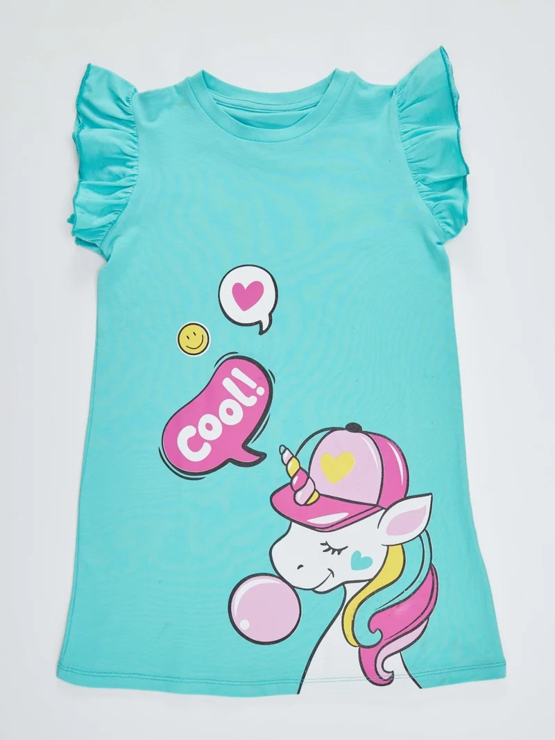 Denokids Turquoise Graphic T-Shirt Dress