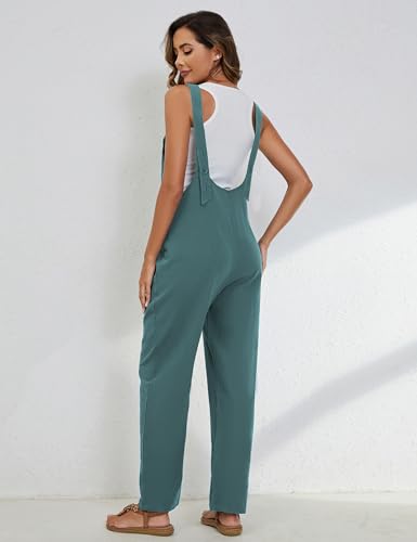 Yeokou Womens Overalls Linen Cotton Jumpsuits Loose Casual Jumpers with Pockets(LakeBlue-L) - Image 4