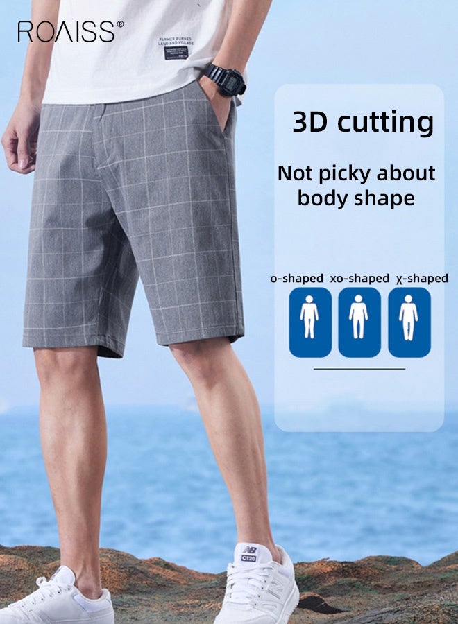 رويس شورت رجالي صيفي مستقيم منقوش بنقوش مربعات رفيعة، شورت رجالي كاجوال متوسط الارتفاع، رمادي - Image 4