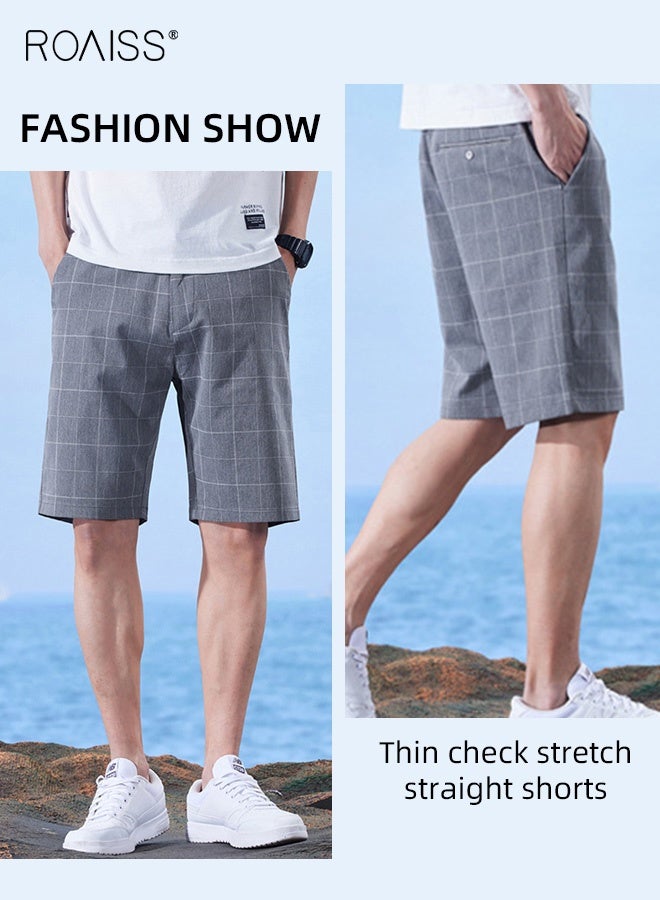 رويس شورت رجالي صيفي مستقيم منقوش بنقوش مربعات رفيعة، شورت رجالي كاجوال متوسط الارتفاع، رمادي - Image 3
