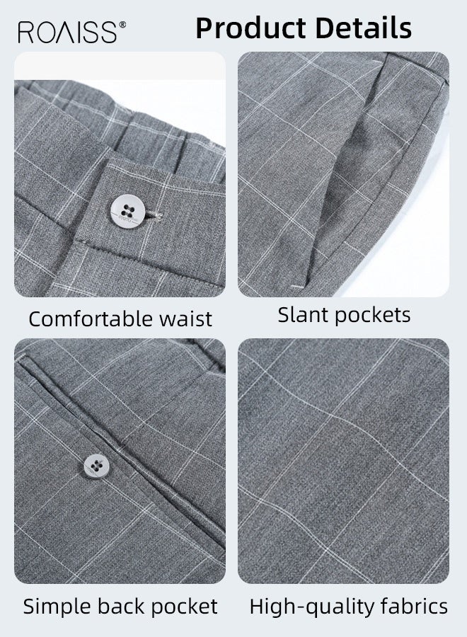رويس شورت رجالي صيفي مستقيم منقوش بنقوش مربعات رفيعة، شورت رجالي كاجوال متوسط الارتفاع، رمادي - Image 5