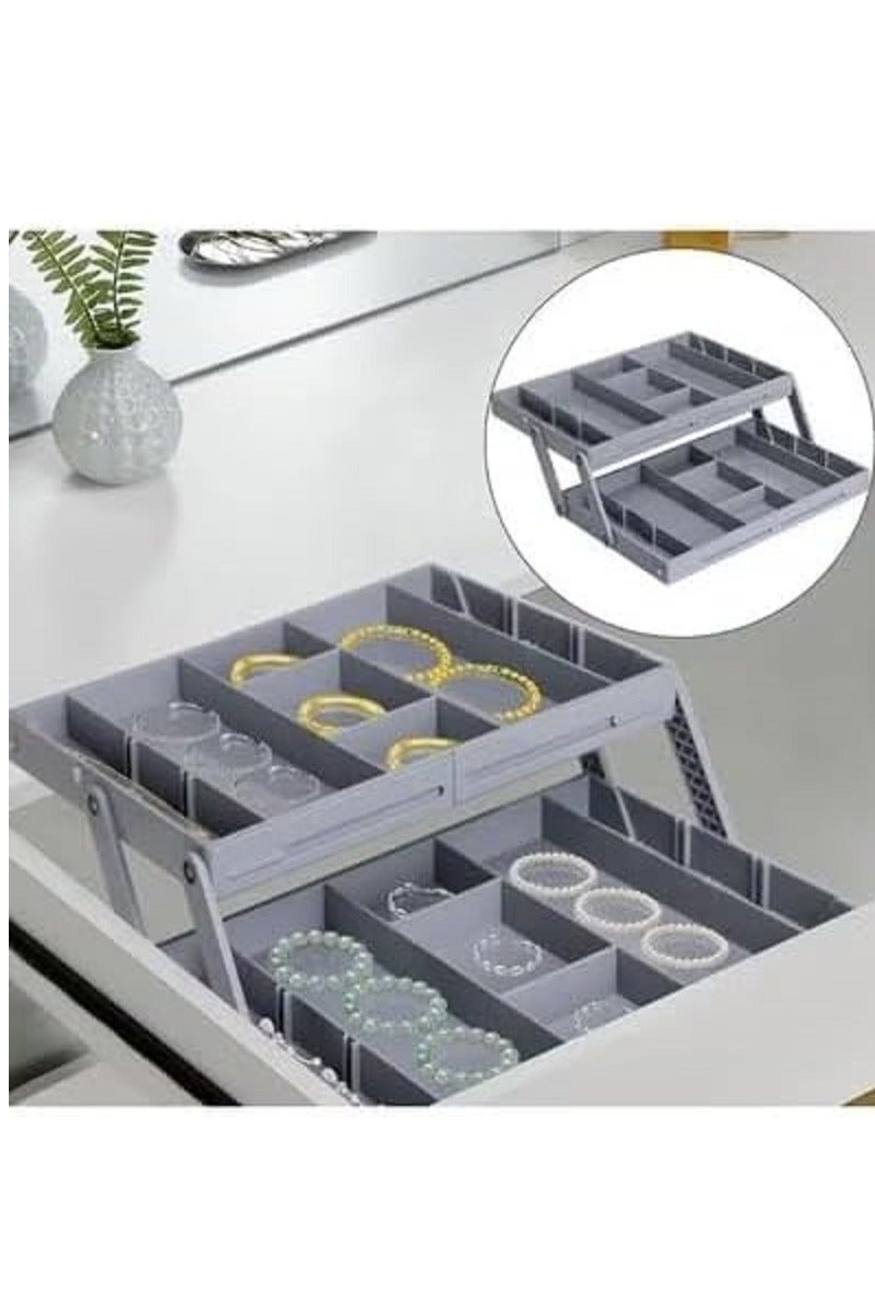 منظم أدراج ذكي متعدد المستويات بتصميم مسطح قابل للطي من طبقتين – قابل للتوسيع والتعديل – للأدوات المكتبية والمكياج والمجوهرات - Image 3