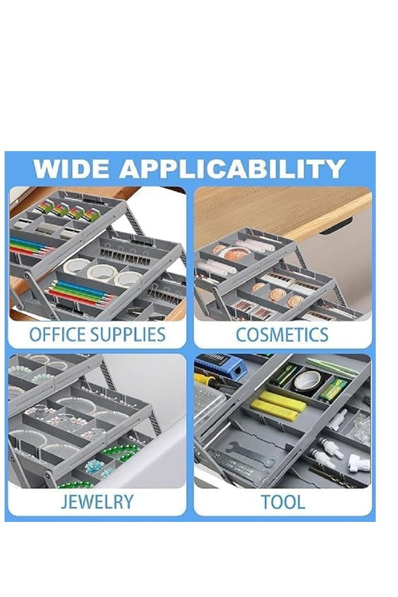 منظم أدراج ذكي متعدد المستويات بتصميم مسطح قابل للطي من طبقتين – قابل للتوسيع والتعديل – للأدوات المكتبية والمكياج والمجوهرات - Image 4