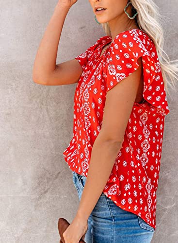 SimpleFun Womens Tops Short Sleeve V Neck Floral Shirts Ladies Flowy Chiffon Blouses (Red,M) - Image 3