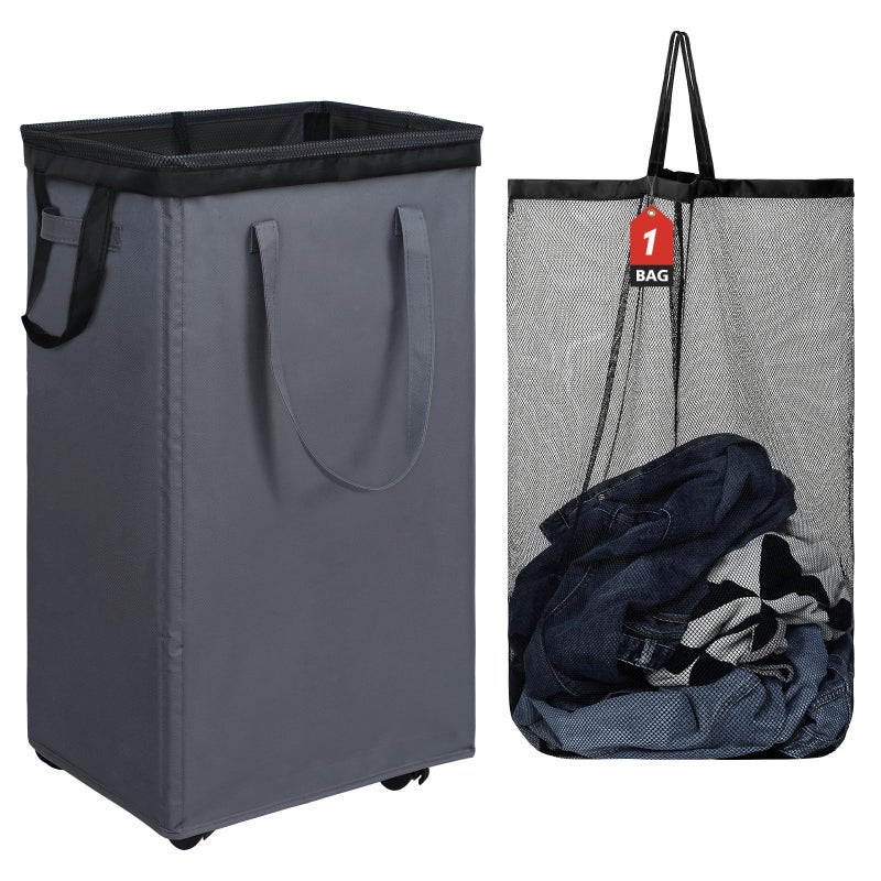 DOKEHOM 90L XLarge Laundry Basket with Removable Wash Bag on Wheels Collapsible Rolling Laundry Hamper Foldable Clothes Organizer Folding Washing Bin Grey