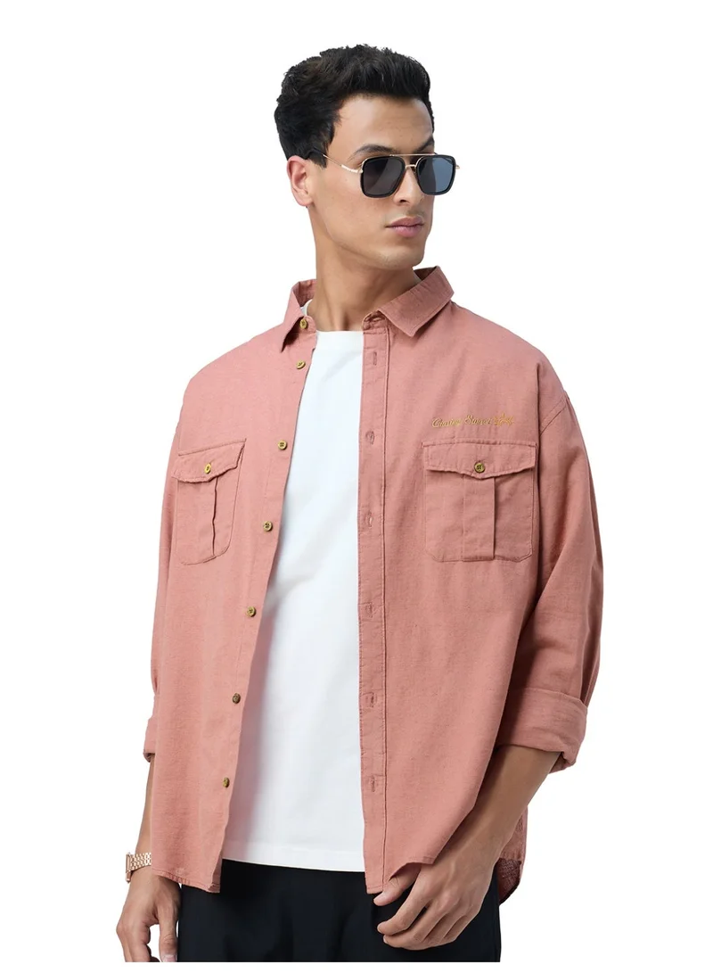 ذا سوليد ستور The Souled Store: Rose Garden Men Long Sleeve Spread Collar Salmon Pink Embroidered Cotton Linen Relaxed Fit Shirt