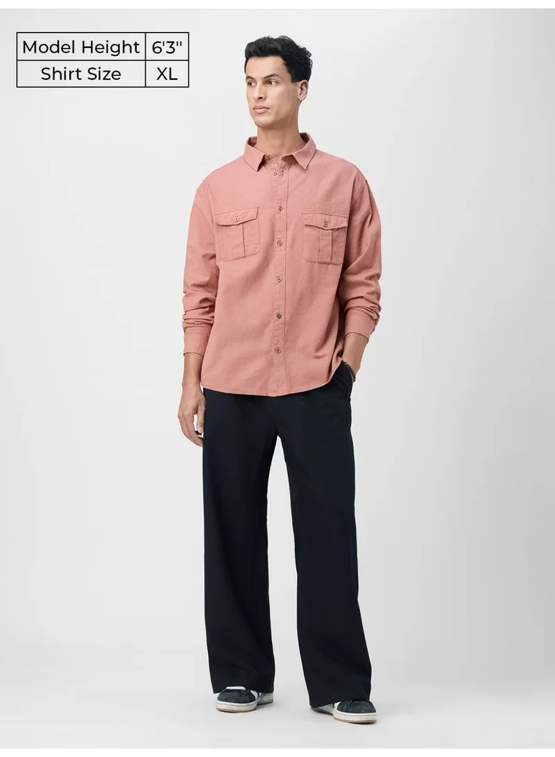 ذا سوليد ستور The Souled Store: Rose Garden Men Long Sleeve Spread Collar Salmon Pink Embroidered Cotton Linen Relaxed Fit Shirt
