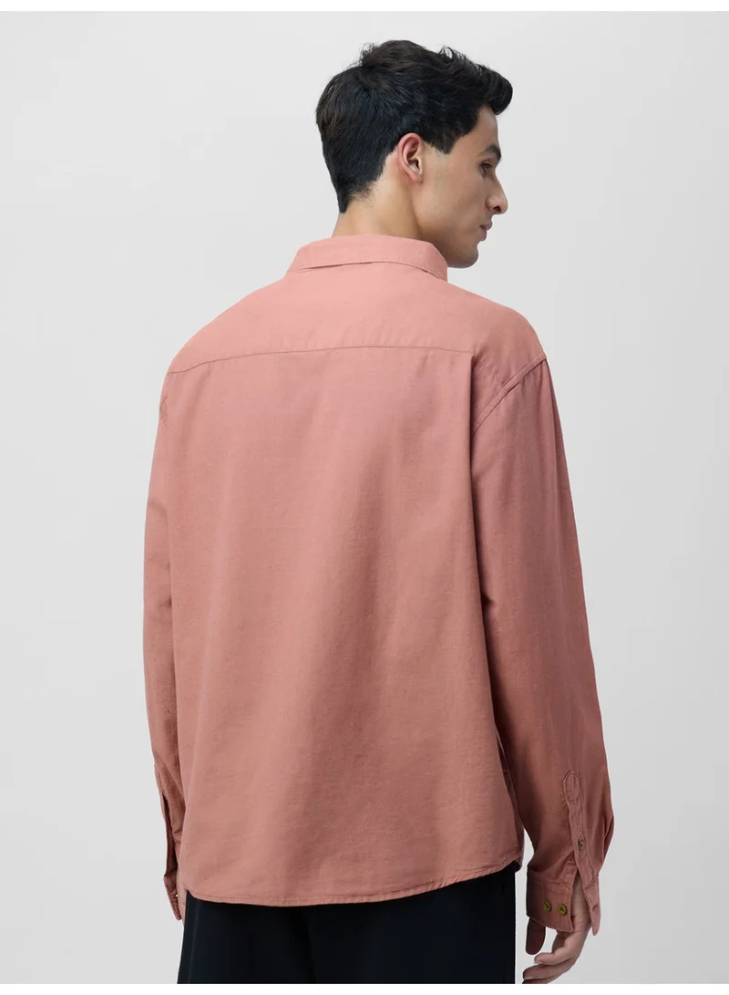 The Souled Store  The Souled Store: Rose Garden Men Long Sleeve Spread Collar Salmon Pink Embroidered Cotton Linen Relaxed Fit Shirt  | Best Price UAE