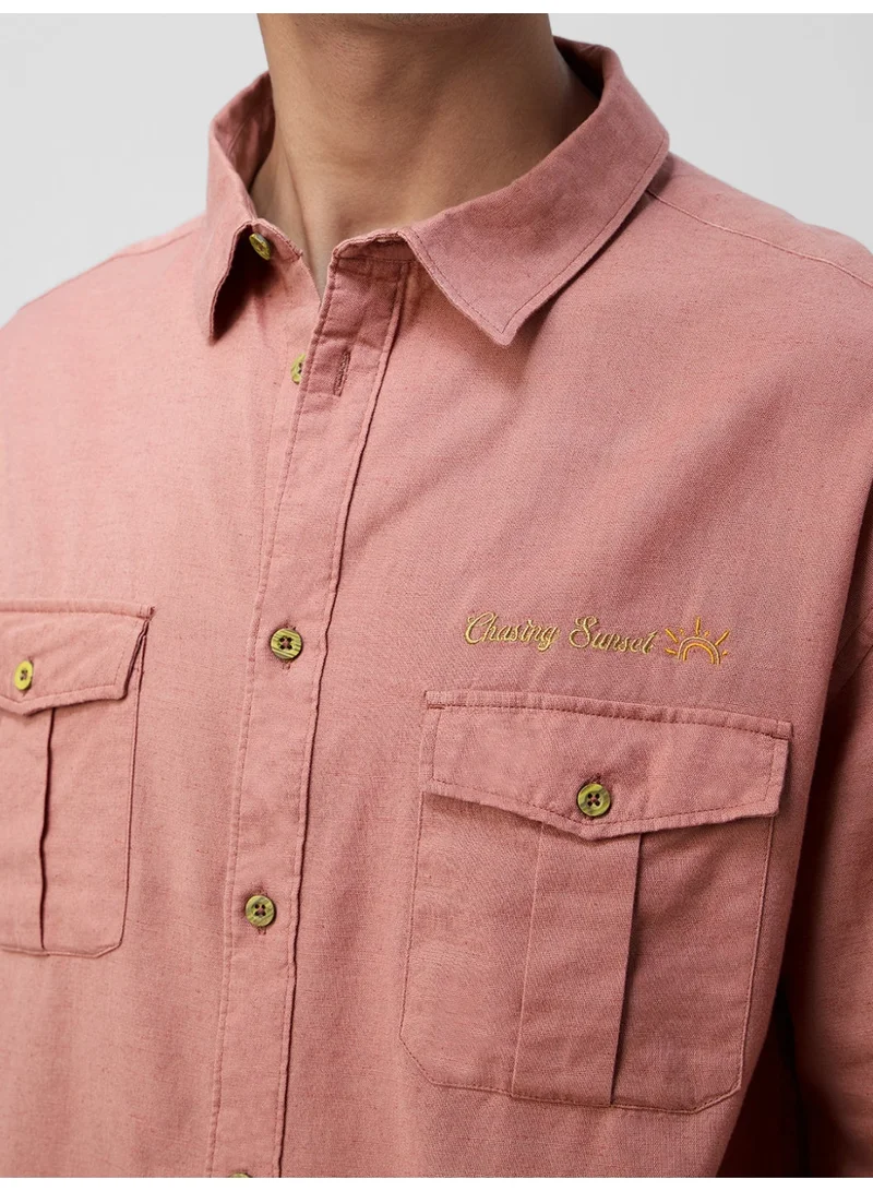 The Souled Store  The Souled Store: Rose Garden Men Long Sleeve Spread Collar Salmon Pink Embroidered Cotton Linen Relaxed Fit Shirt  | Best Price UAE