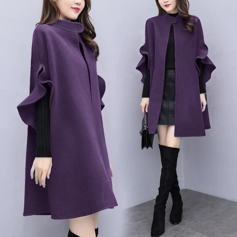 Simple Large Size Mid-Length Woolen Outwear Women'S Loose Pure Color British Style A-Line Cape Woolen Outwear - Image 3