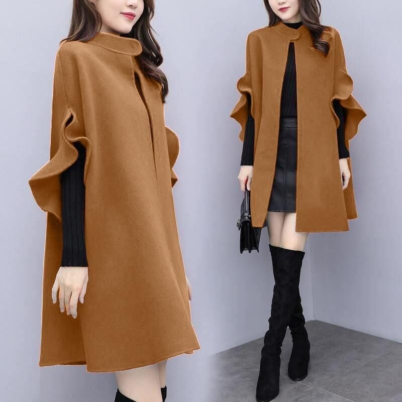 Simple Large Size Mid-Length Woolen Outwear Women'S Loose Pure Color British Style A-Line Cape Woolen Outwear - Image 4
