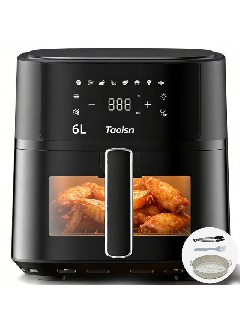 ماركة TAOISN قلاية هوائية 6 لتر 1700 واط مع نافذة شفافة للمراقبة، شاشة لمس رقمية، 8 برامج مسبقة، تحكم بدرجة الحرارة 80–200°م، هواء ساخن بتدوير 360°، سهلة التنظيف، مع صينية سيليكون وملقط - Image 1