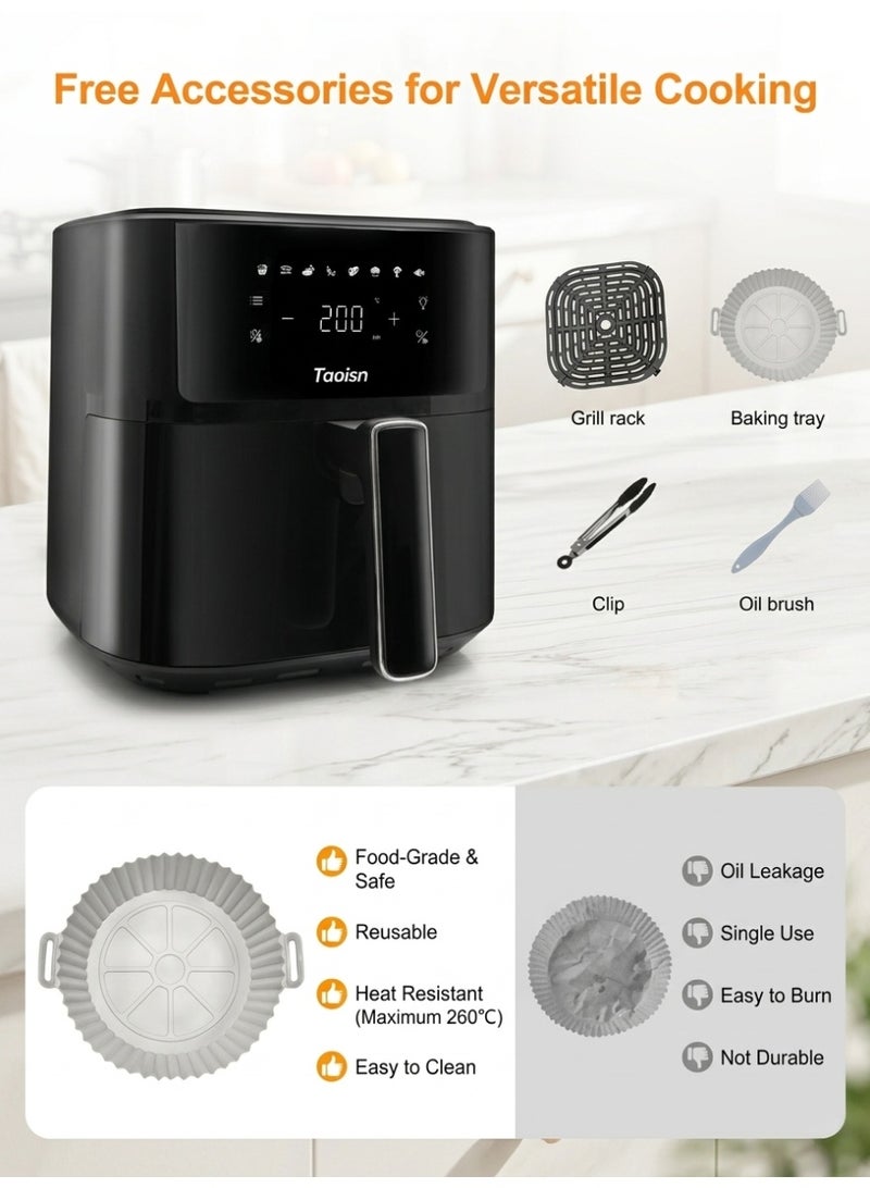 TAOISN 6L Air Fryer with Viewing Window, 1700W Digital Air Fryer Oven, Touch Screen Control, 8 Presets, Rapid Air Circulation, Non-Stick Basket, Free Silicone Tray & Tongs and Oil Brush - Image 2