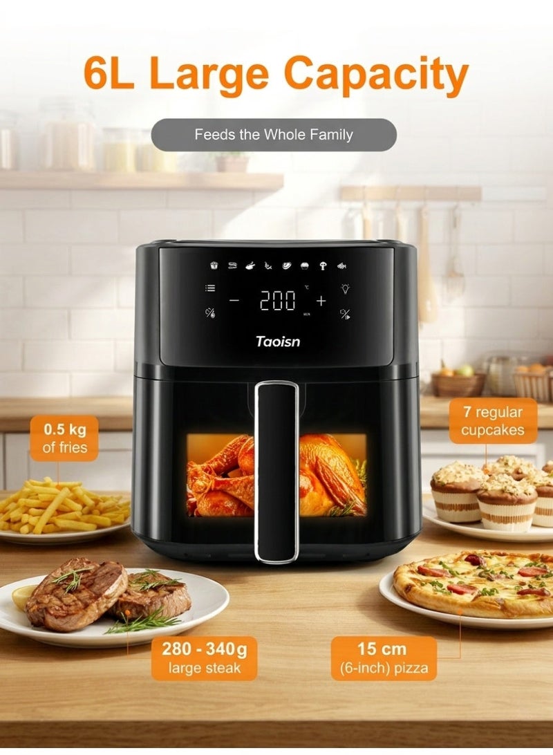 ماركة TAOISN قلاية هوائية 6 لتر بنافذة شفافة، 1700 واط، شاشة لمس رقمية، 8 برامج مسبقة، دوران هواء سريع، سلة غير لاصقة، مع صينية سيليكون وفرشاة زيت وملقط مجاناً - Image 3