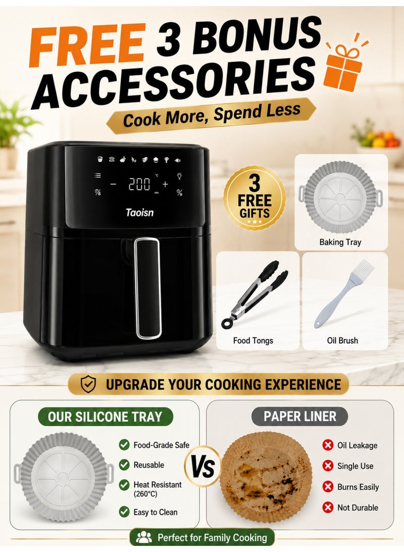 TAOISN 6L Air Fryer with Viewing Window, 1700W Digital Air Fryer Oven, Touch Screen Control, 8 Presets, Rapid Air Circulation, Non-Stick Basket, Free Silicone Tray & Tongs and Oil Brush - Image 2