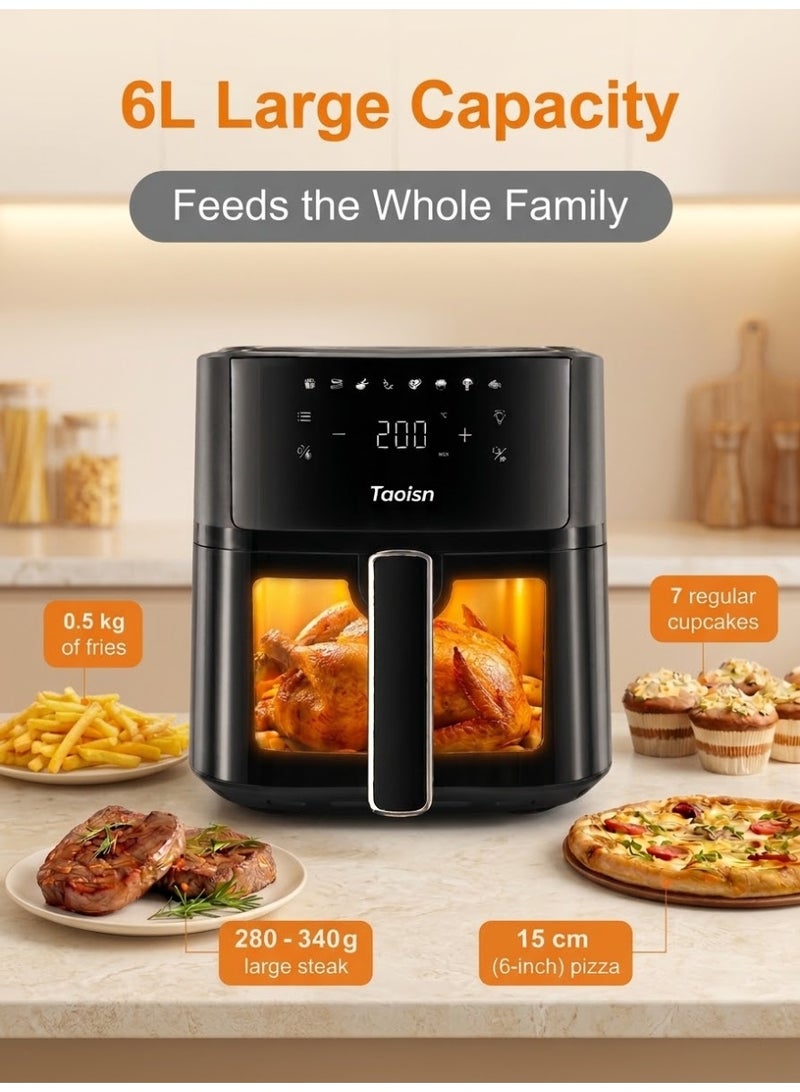 TAOISN 6L Air Fryer with Viewing Window, 1700W Digital Air Fryer Oven, Touch Screen Control, 8 Presets, Rapid Air Circulation, Non-Stick Basket, Free Silicone Tray & Tongs and Oil Brush - Image 3