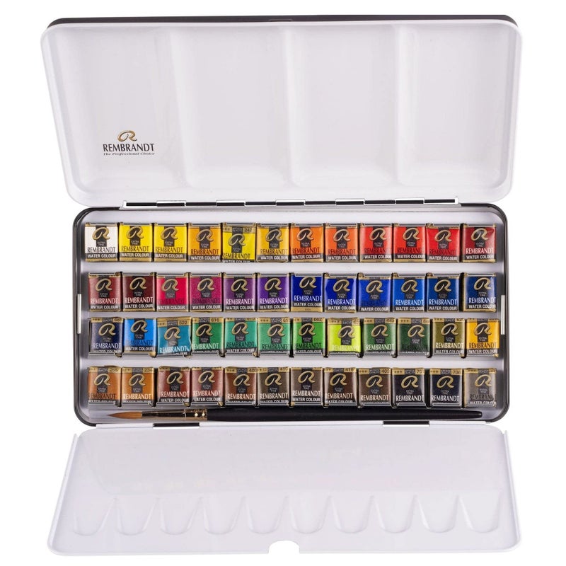 Rembrandt Watercolor Paint Metal Tin Deluxe Set, 48 Pans + 1 Brush, General Color Selection - Image 1