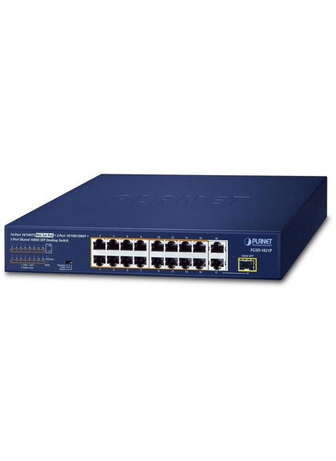 Planet FGSD-1821P 16-Port 10/100TX 802.3at PoE + 2-Port 10/100/1000T + 1-Port Shared 1000X SFP Desktop Switch (185 Watts)
