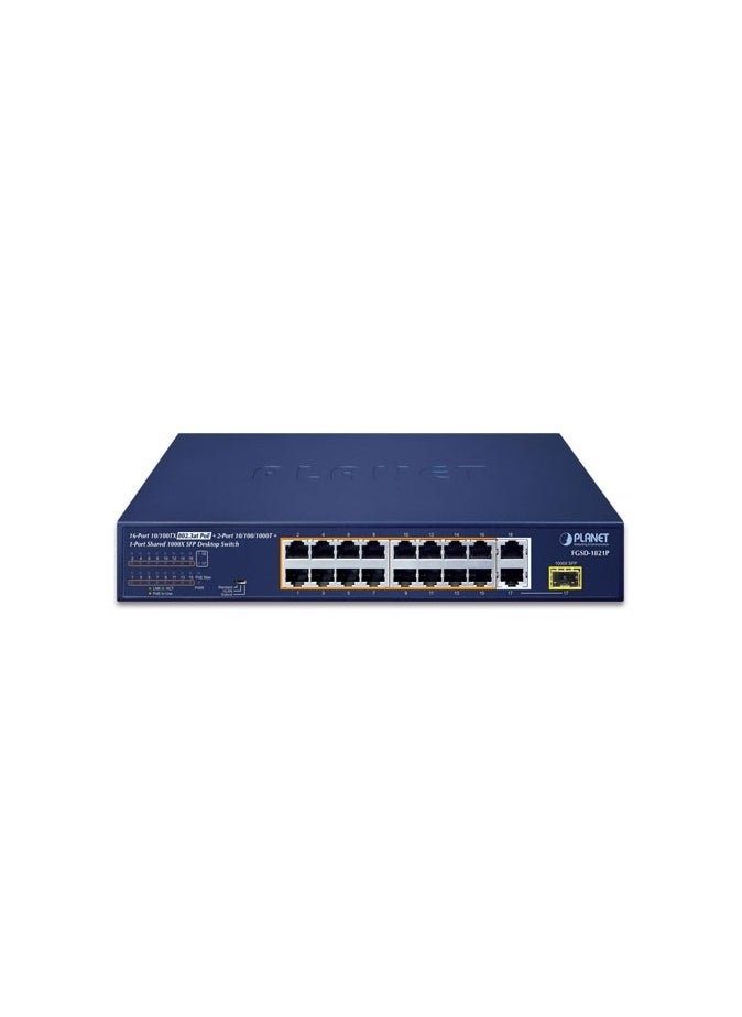PLANET - Planet FGSD-1821P 16-Port 10/100TX 802.3at PoE + 2-Port 10/100/1000T + 1-Port Shared 1000X SFP Desktop Switch (185 Watts) - Image 1