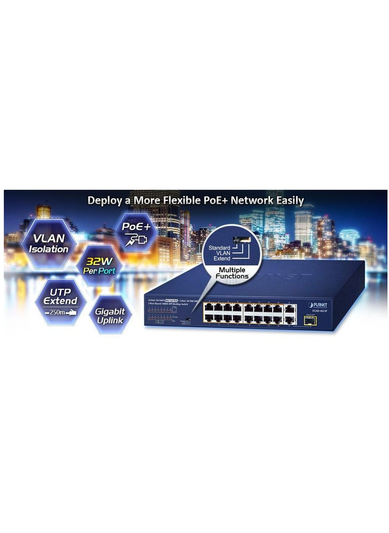 PLANET - Planet FGSD-1821P 16-Port 10/100TX 802.3at PoE + 2-Port 10/100/1000T + 1-Port Shared 1000X SFP Desktop Switch (185 Watts) - Image 1