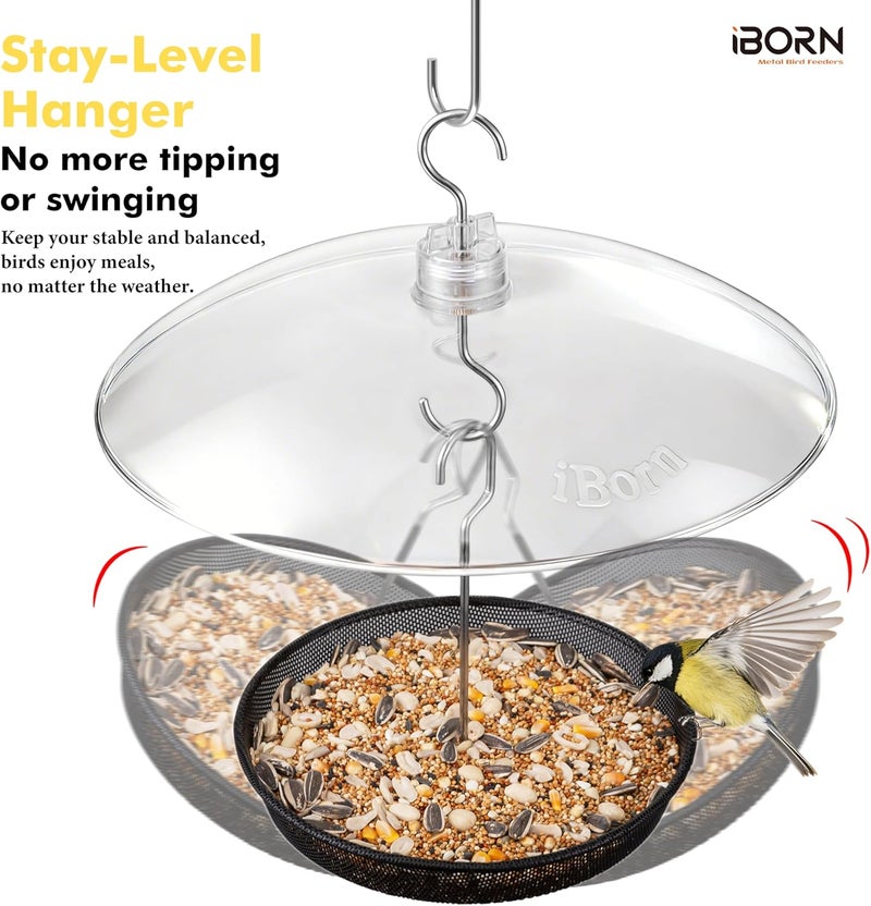 iBorn Hanging Bird Feeder Tray & Rainroof Cover, Bird Feeder Bowl with 13”Bird Feeder Cover for Rain Guard, Chew-Proof Polycarbonate & Thick Metal Hanger, Easy to Refill & Clean, Transparent & Black - Image 5