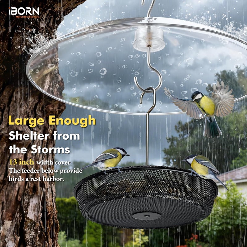 iBorn Hanging Bird Feeder Tray & Rainroof Cover, Bird Feeder Bowl with 13”Bird Feeder Cover for Rain Guard, Chew-Proof Polycarbonate & Thick Metal Hanger, Easy to Refill & Clean, Transparent & Black - Image 4