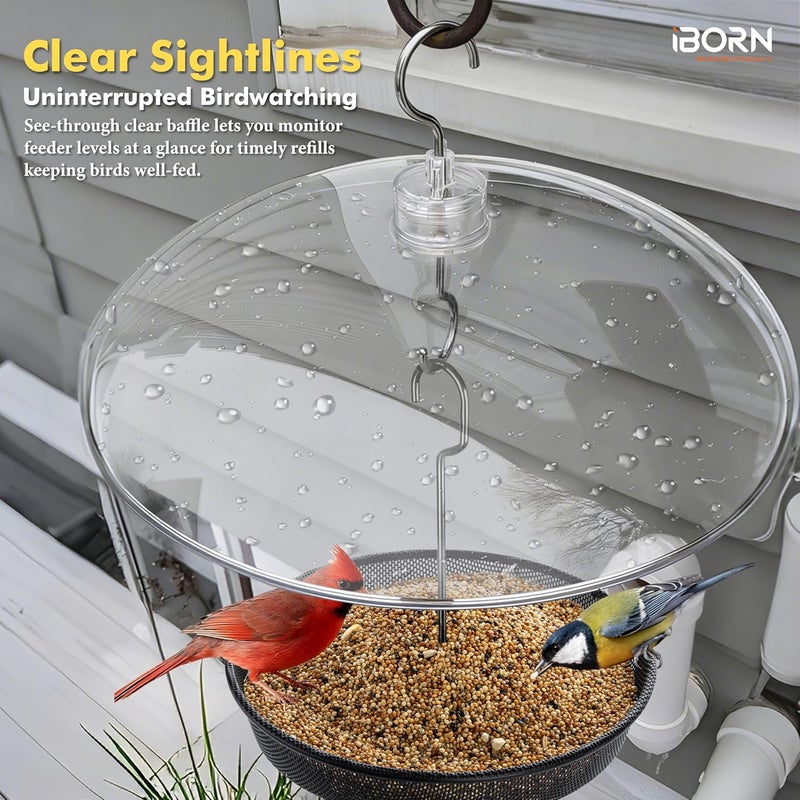 iBorn Hanging Bird Feeder Tray & Rainroof Cover, Bird Feeder Bowl with 13”Bird Feeder Cover for Rain Guard, Chew-Proof Polycarbonate & Thick Metal Hanger, Easy to Refill & Clean, Transparent & Black - Image 3