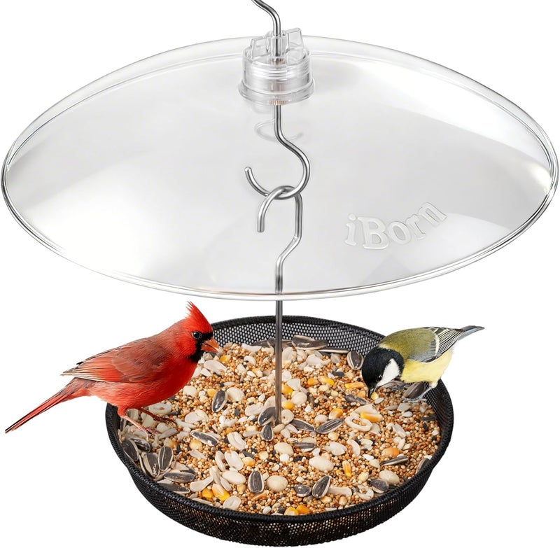 iBorn Hanging Bird Feeder Tray & Rainroof Cover, Bird Feeder Bowl with 13”Bird Feeder Cover for Rain Guard, Chew-Proof Polycarbonate & Thick Metal Hanger, Easy to Refill & Clean, Transparent & Black - Image 1