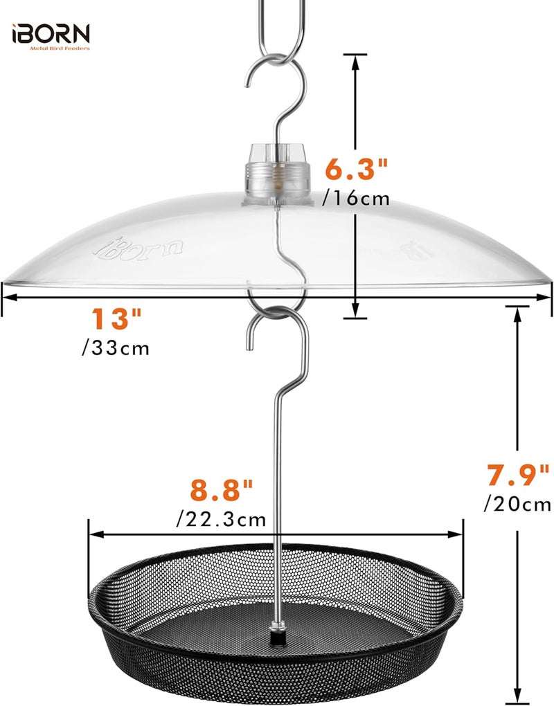iBorn Hanging Bird Feeder Tray & Rainroof Cover, Bird Feeder Bowl with 13”Bird Feeder Cover for Rain Guard, Chew-Proof Polycarbonate & Thick Metal Hanger, Easy to Refill & Clean, Transparent & Black - Image 2