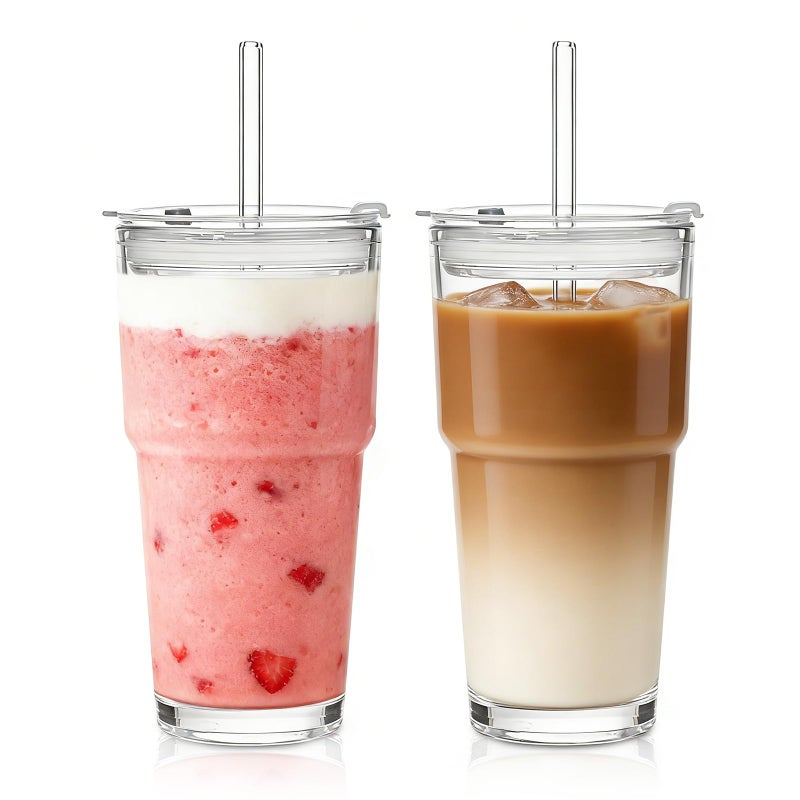 SoulTimes 20oz Glass Tumbler with Lid and Glass Straw â€“Set of 2, Clear Reusable Iced Coffee Cup, Drinking Glass for Coffee, Tea, Juice, Smoothies â€“ Durable & Elegant Glassware - Image 1