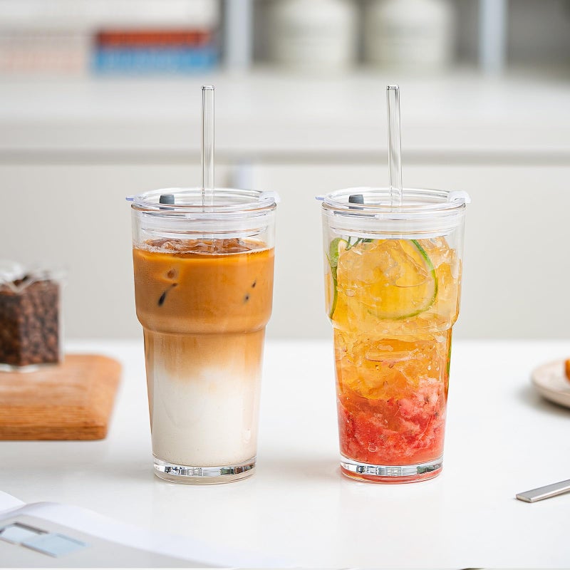 SoulTimes 20oz Glass Tumbler with Lid and Glass Straw â€“Set of 2, Clear Reusable Iced Coffee Cup, Drinking Glass for Coffee, Tea, Juice, Smoothies â€“ Durable & Elegant Glassware - Image 2