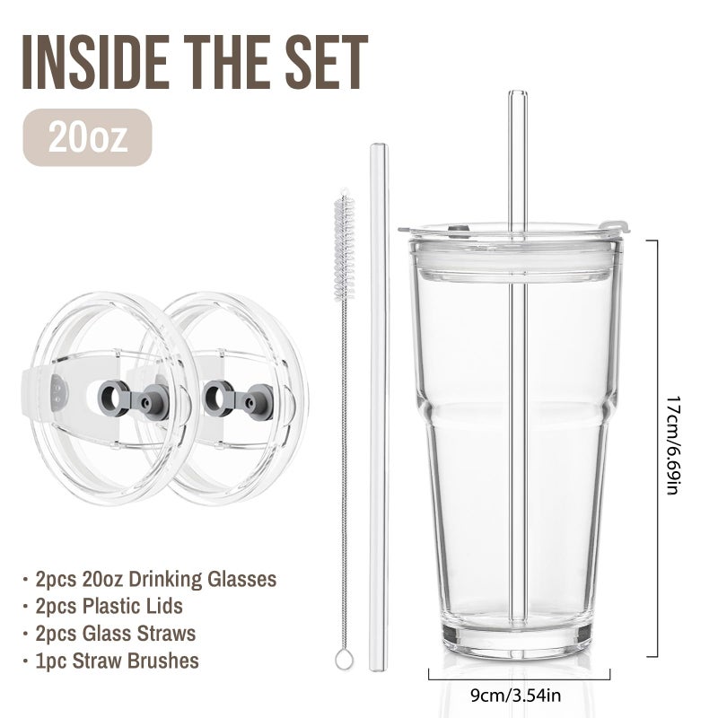 SoulTimes 20oz Glass Tumbler with Lid and Glass Straw â€“Set of 2, Clear Reusable Iced Coffee Cup, Drinking Glass for Coffee, Tea, Juice, Smoothies â€“ Durable & Elegant Glassware - Image 3