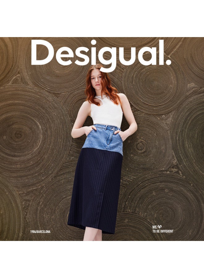DESIGUAL straight-leg Striped Denim Patchwork Asymmetric Hem Long Skirt - Image 2