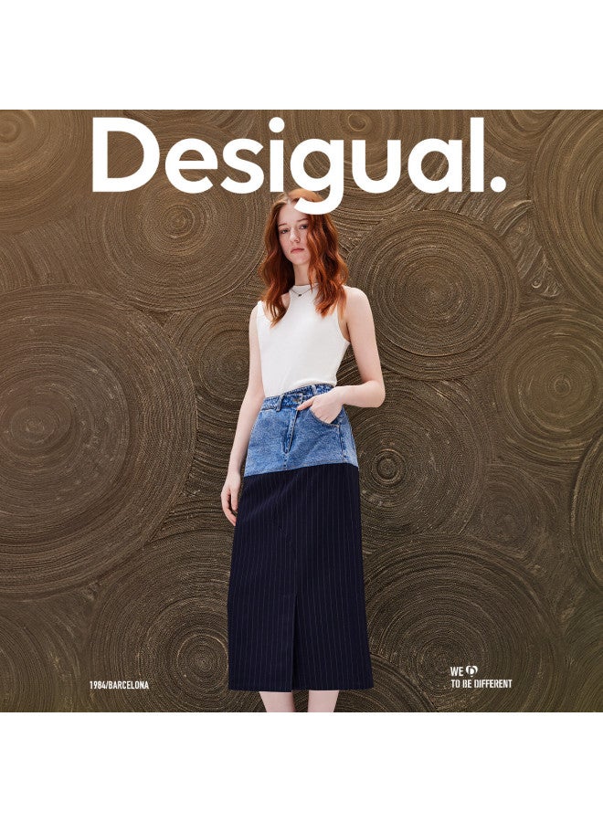 DESIGUAL straight-leg Striped Denim Patchwork Asymmetric Hem Long Skirt - Image 4