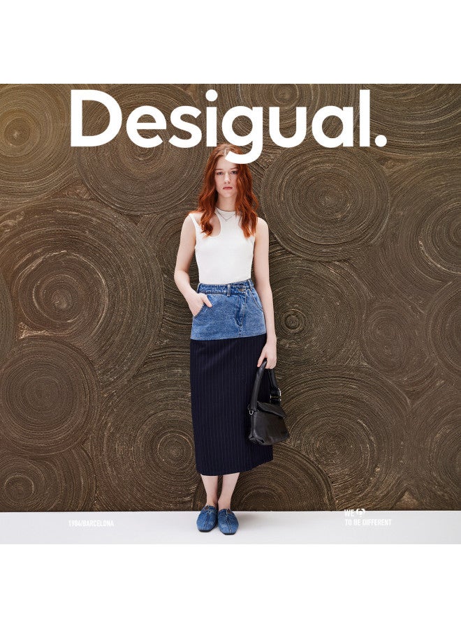 DESIGUAL straight-leg Striped Denim Patchwork Asymmetric Hem Long Skirt - Image 5